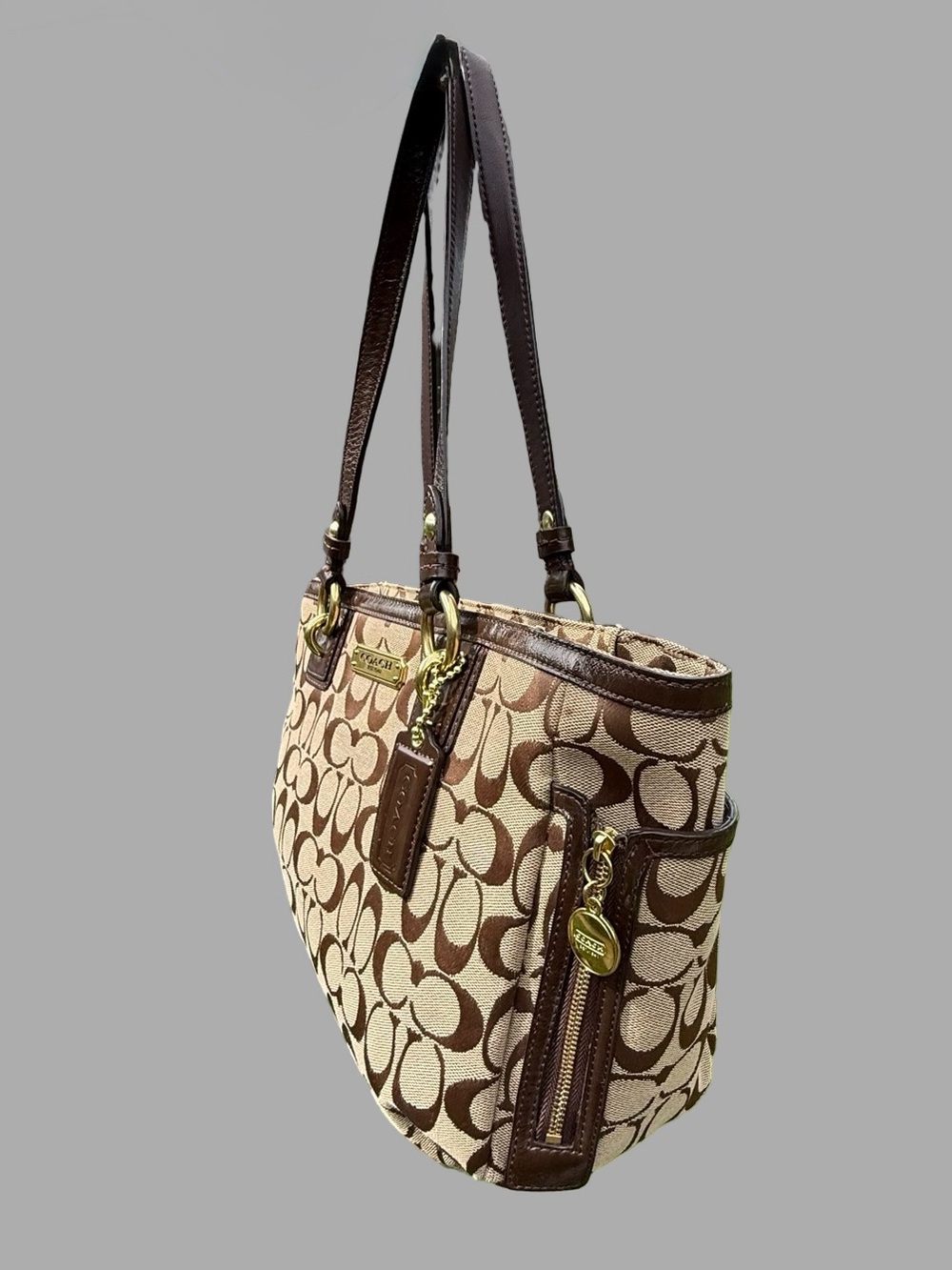 Authentic Vintage Coach Gallery Signature Zip Tote Bag - Khaki/Mahogany #F19249 - Picture 4 of 10